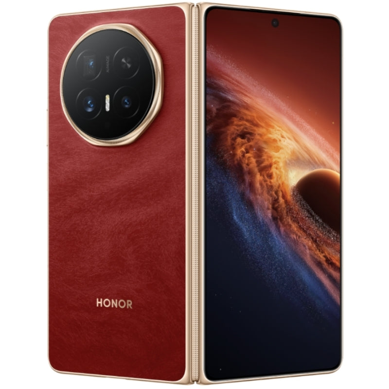 Red smartphone with gold accents, showing back and screen on a white background