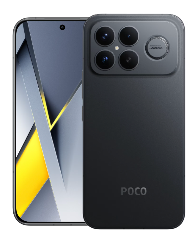 Black Poco smartphone showing front and back on a white background