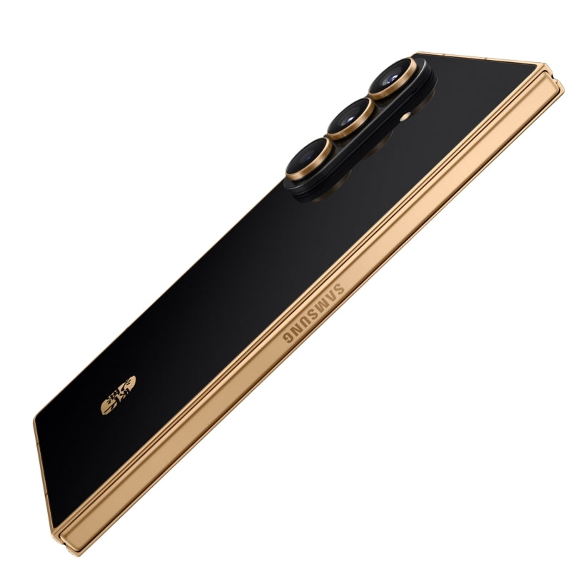 Samsung smartphone with black front and gold edges on a white background