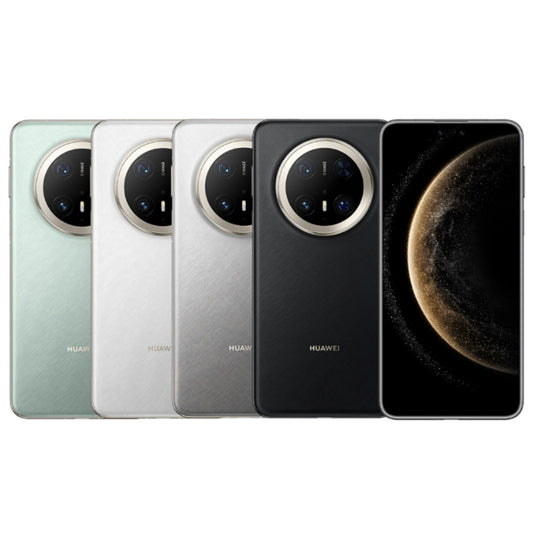 Assortment of Huawei mate 70 pro+ smartphones in white, green, gray and black displayed side by side