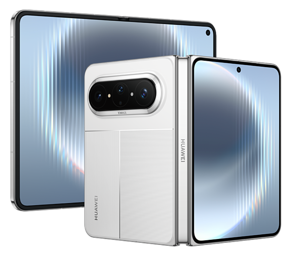 White Huawei smartphone with a reflective surface on a white background