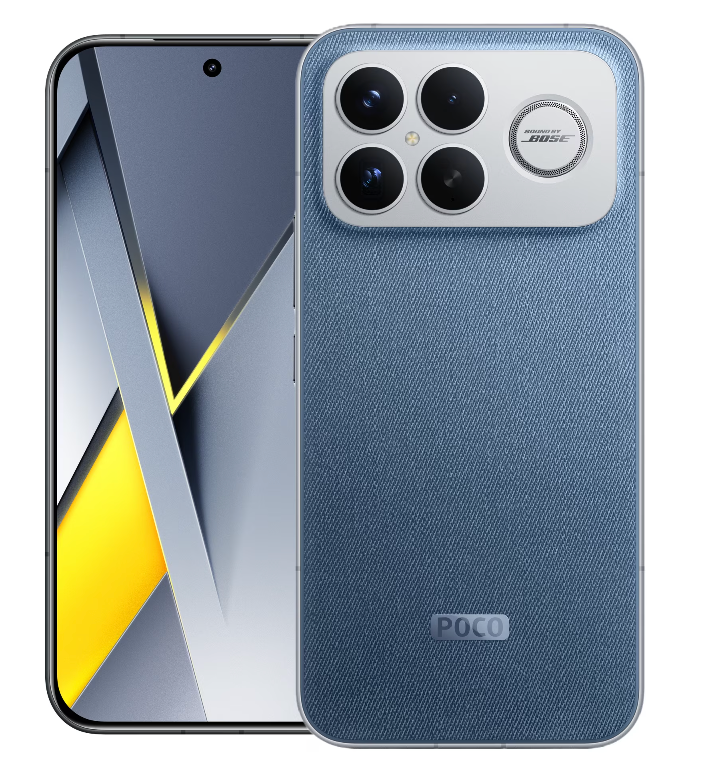 Smartphone with blue fabric back cover on a white background