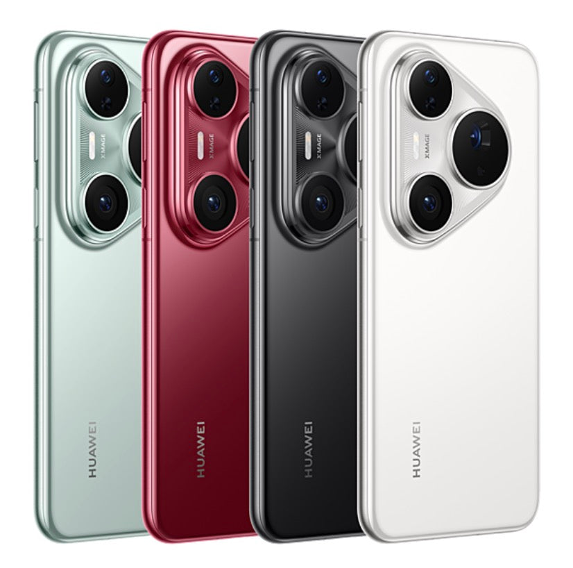 Assortment of Huawei Pura 80 pro+ smartphones in red, white, green and black displayed side by side