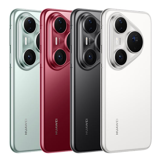 Assortment of Huawei Pura 80 pro+ smartphones in red, white, green and black displayed side by side