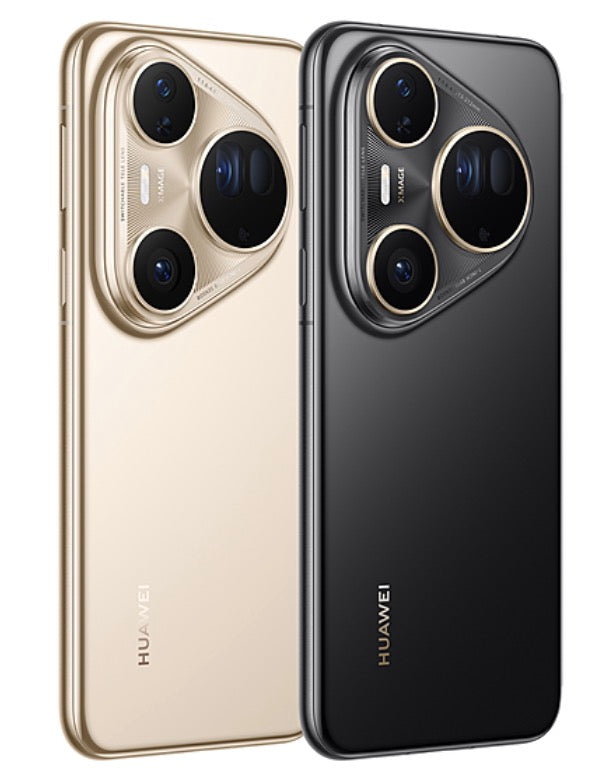 Assortment of Huawei pura 80 ultra smartphones in gold and black displayed side by side