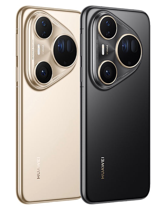 Assortment of Huawei pura 80 ultra smartphones in gold and black displayed side by side