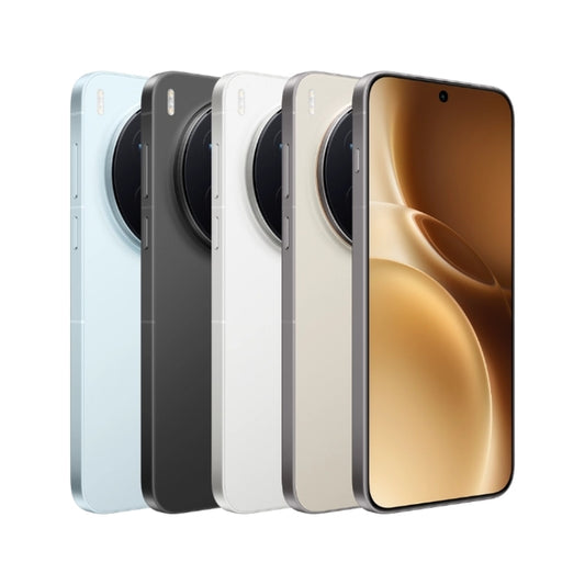 Five smartphones in different colors on a white background