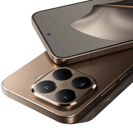 Close-up of a gold smartphone with camera module on a white background