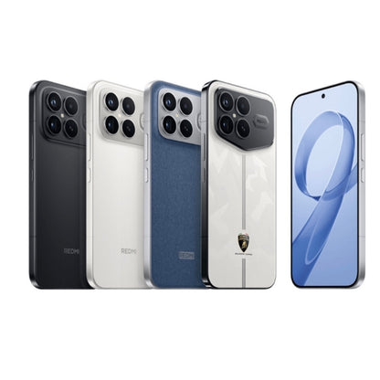 Five smartphones in different colors on a white background