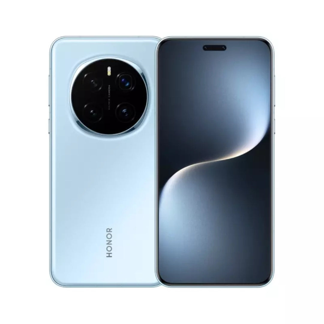 Blue Honor magic 7 pro smartphone with white background 