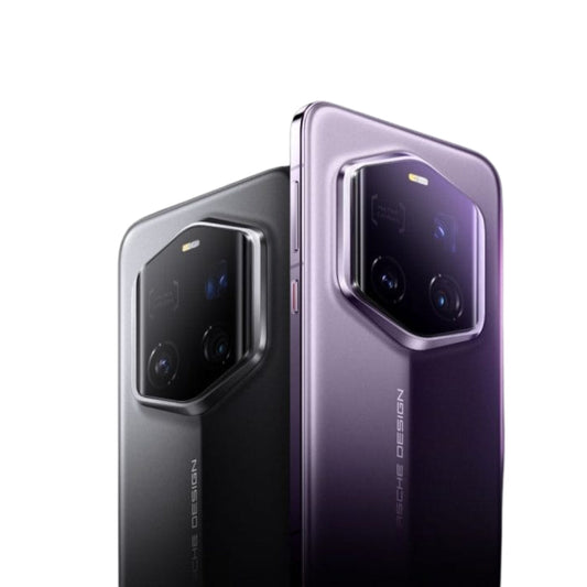 Purple and black Honor magic 7 RSR Porsche design smartphones on a white background