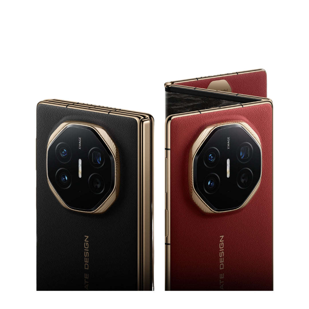 Black and red Huawei mate xt ultimate design smartphone side by side on a white background