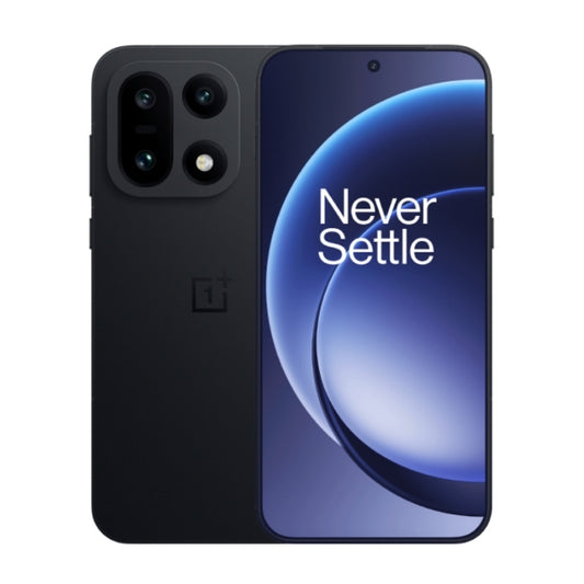 OnePlus smartphone showing back and front views with 'Never Settle' slogan.