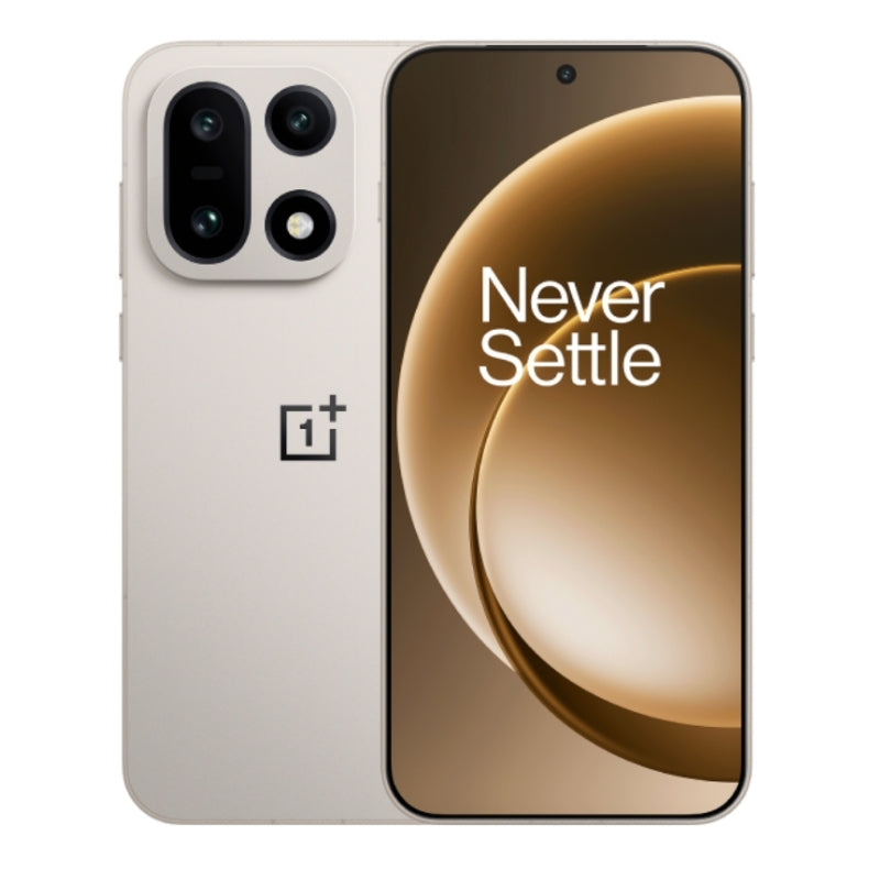 OnePlus smartphone showing back and front views with 'Never Settle' slogan.